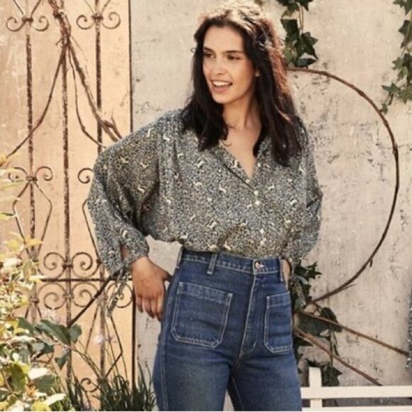 💕DOEN💕 O'Keeffe Top ~ Cream Blue Prancing Fawn Print Medium NWOT - Picture 4 of 14